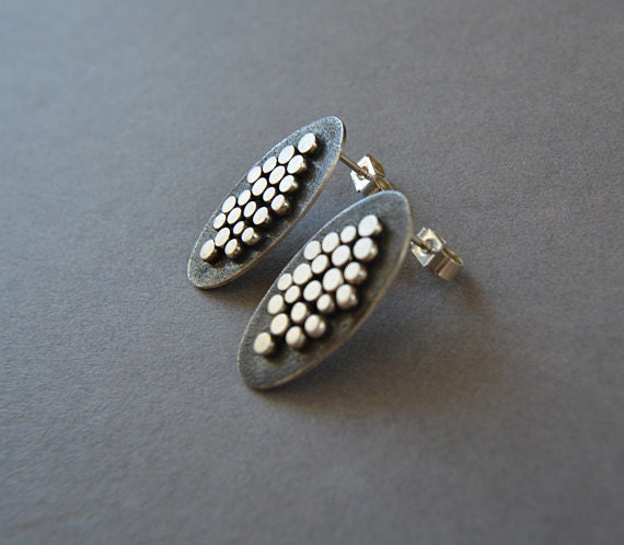 Artisan oxidised oval sterling silver stud earrings.