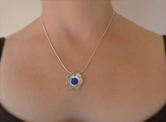 Artisan lapis lazuli flower sterling silver pendant necklace.