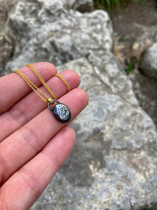 Organic sterling silver pebble necklace, gold vermeil chain.