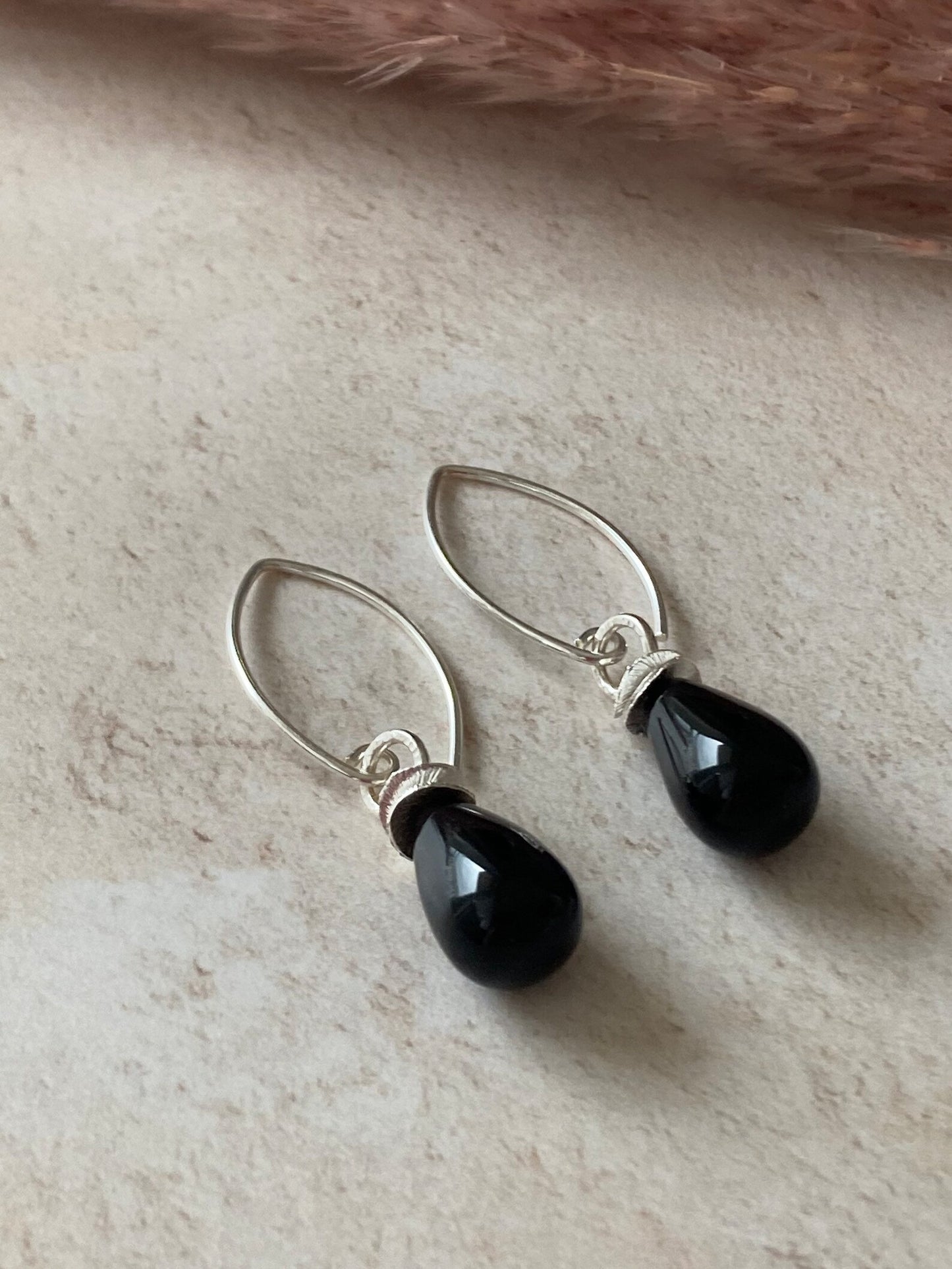 Black onyx briolette sterling silver earrings