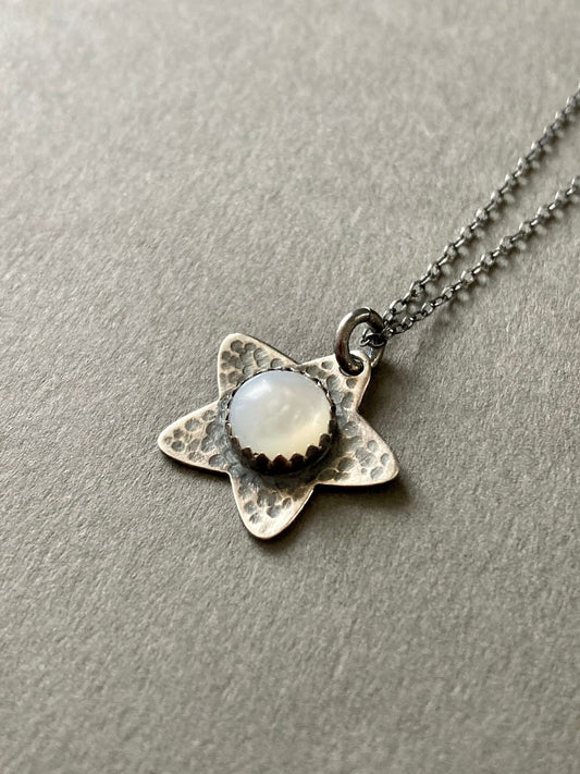 Mother of Pearl, star oxidised sterling silver necklace.