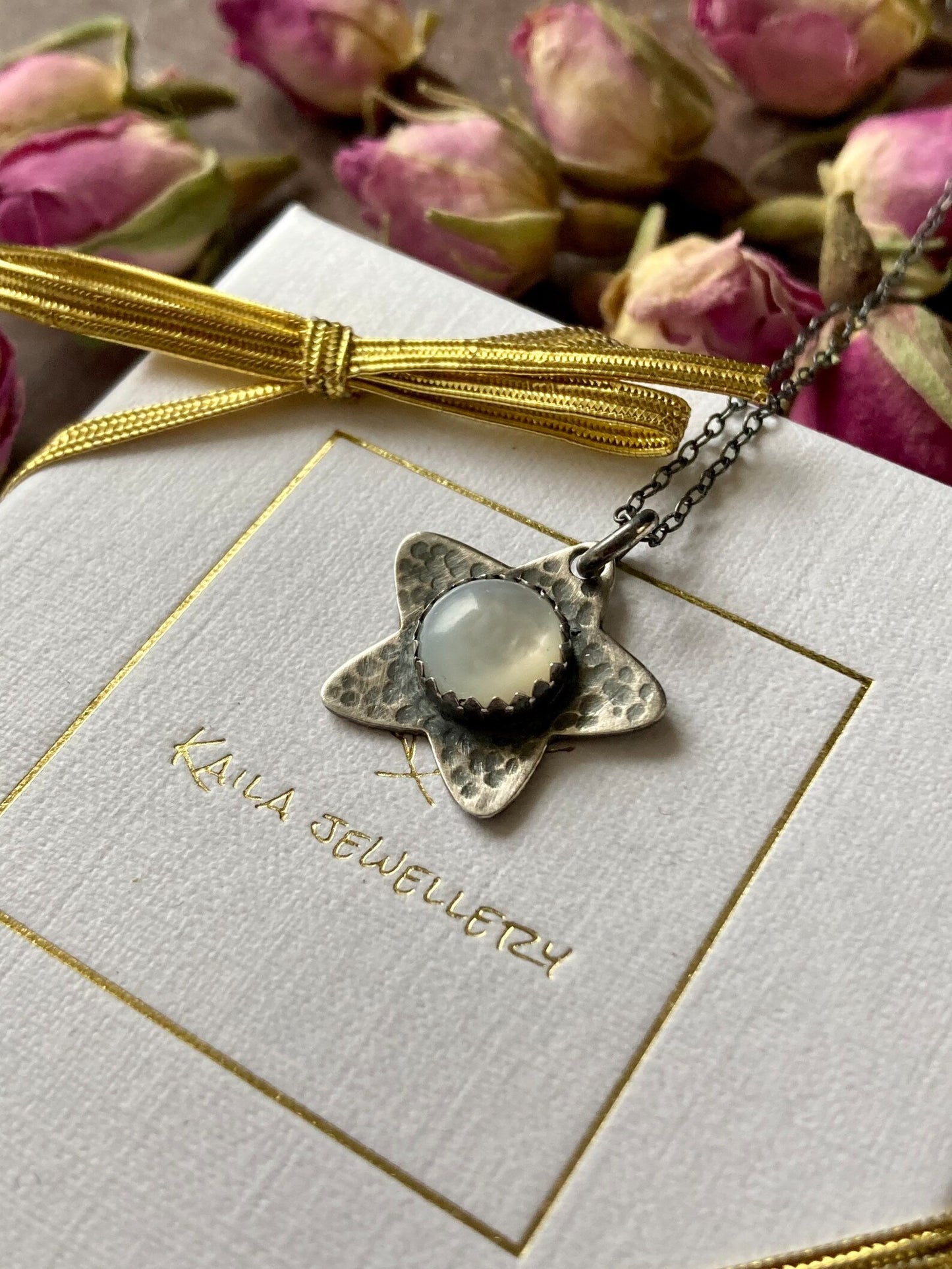 Mother of Pearl, star oxidised sterling silver necklace.