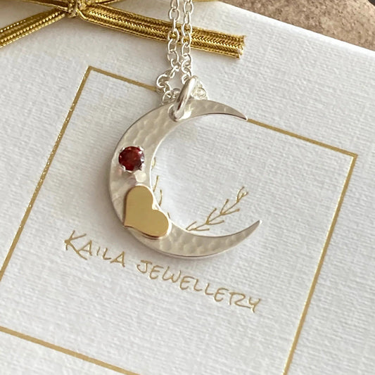 Sterling silver crescent moon, gold filled heart, garnet necklace.