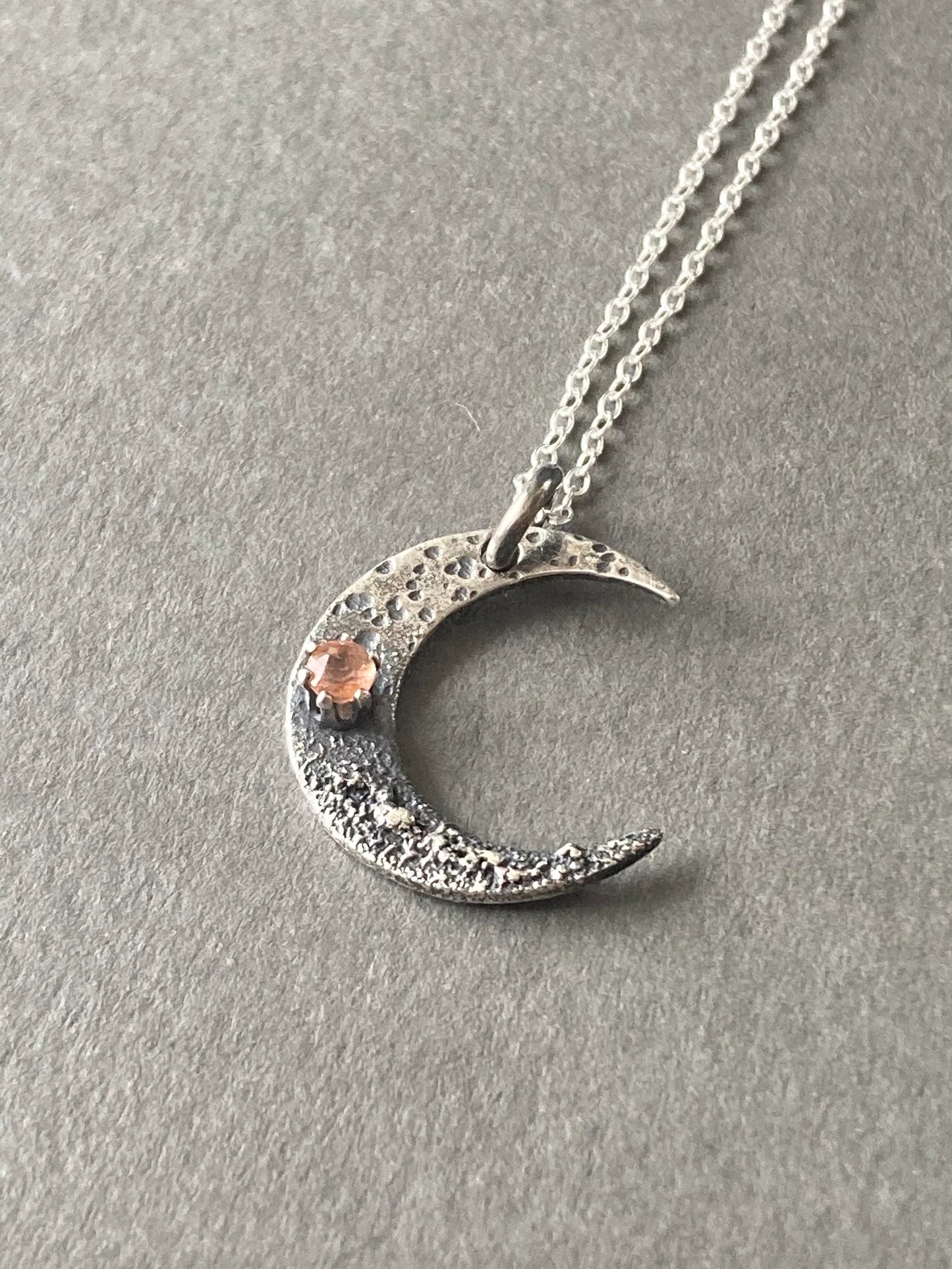 Sunstone crescent moon oxidised sterling silver necklace