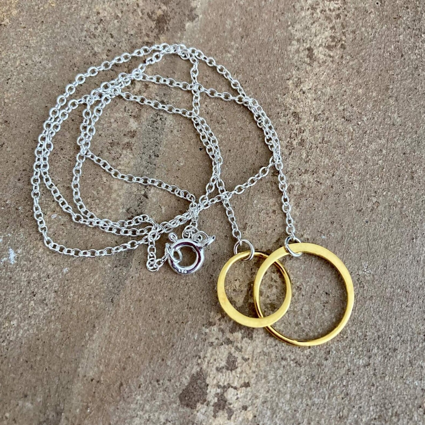 24k gold vermeil two interlocking circles, sterling silver chain necklace