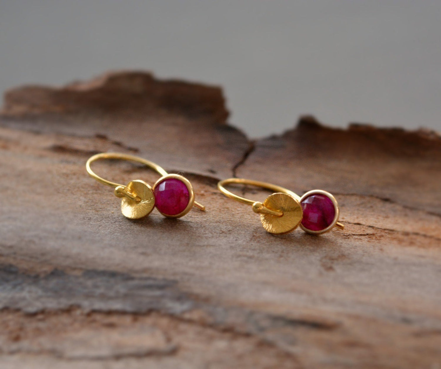 Gold vermeil ruby birthstone dangle earrings