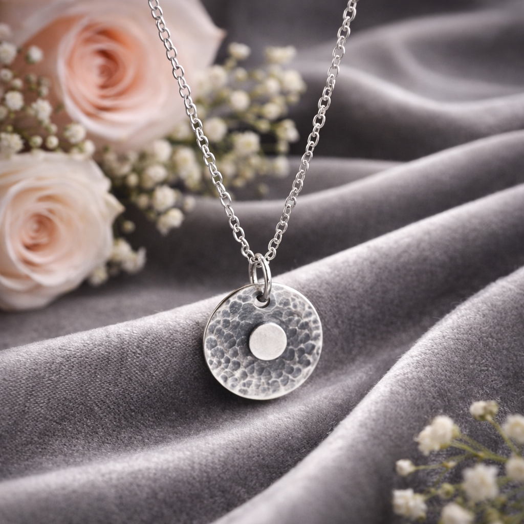 Handmade Sterling Silver Hammered Disc Necklace Textured and Oxidised Design