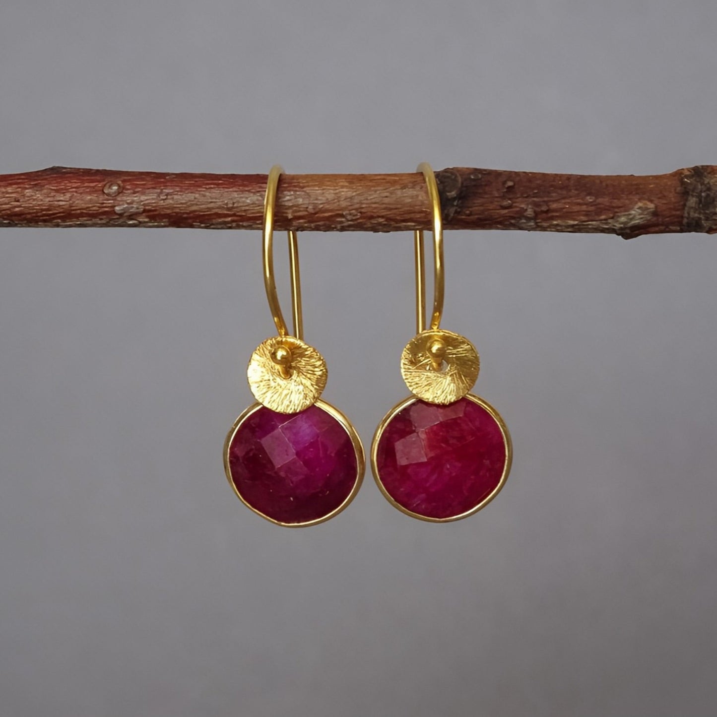 Faceted ruby gemstone set in 24k gold vermeil, handmade earrings for anniversary gift