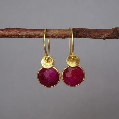 Faceted ruby gemstone set in 24k gold vermeil, handmade earrings for anniversary gift