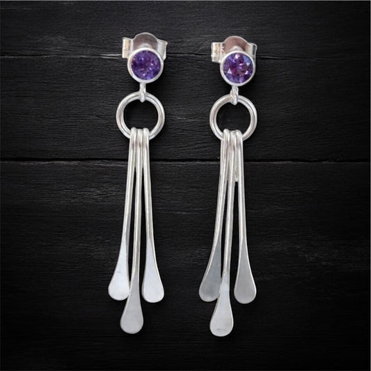 Amethyst sterling silver dangle stud earrings. February birthstone earrings.