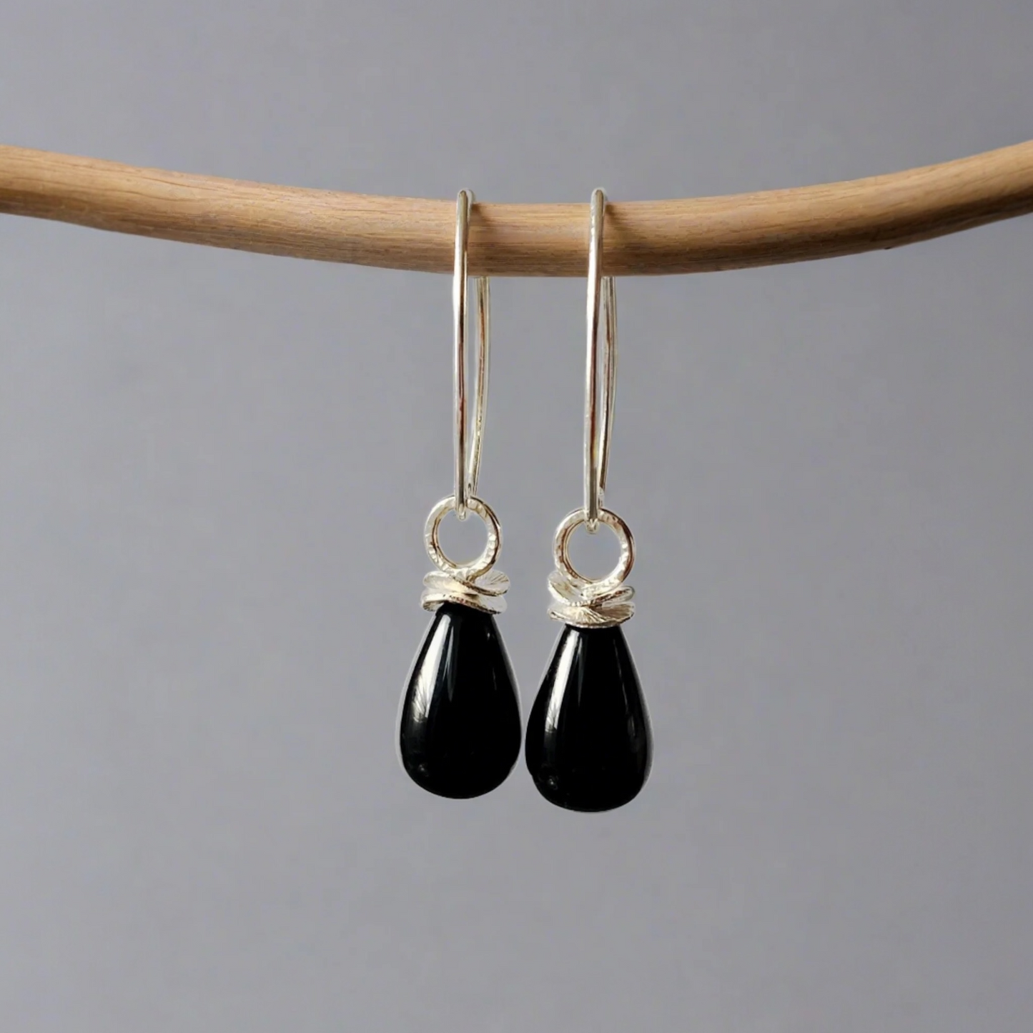 Black onyx briolette sterling silver earrings