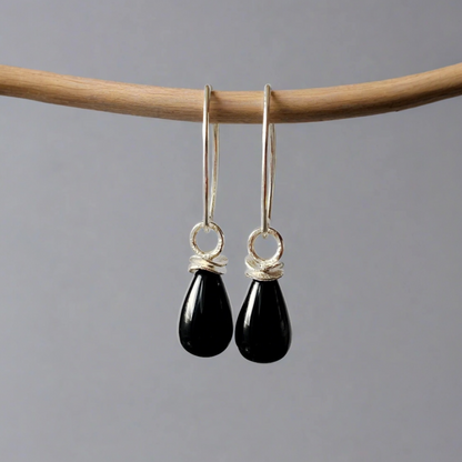 Black onyx briolette sterling silver earrings
