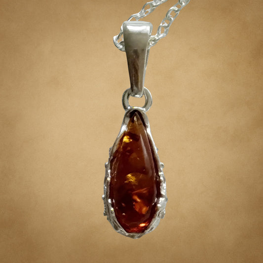 Teardrop Baltic Amber Pendant Necklace in Sterling Silver