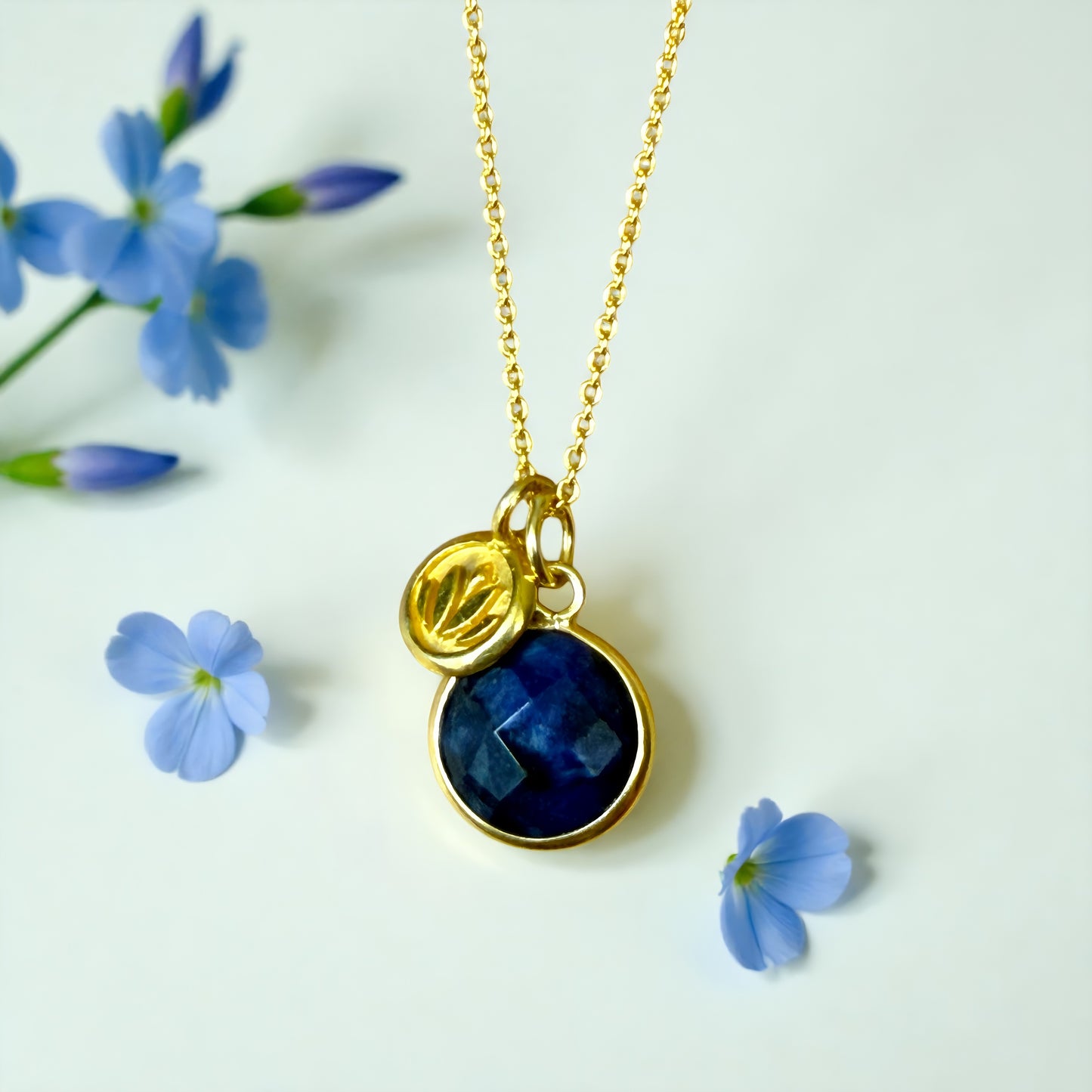 Sapphire & Lotus Charm 24k Gold Vermeil Necklace