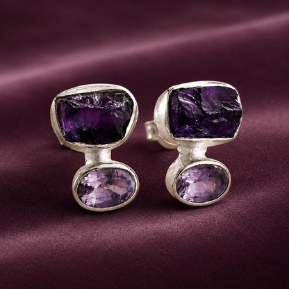 Organic Amethyst Stud Earrings | Sterling Silver | Raw & Faceted Amethyst Earrings