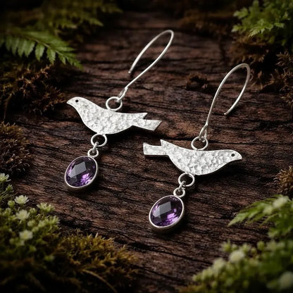 Sterling Silver Bird Amethyst Drop Earrings – Handmade February Birthstone Jewellery