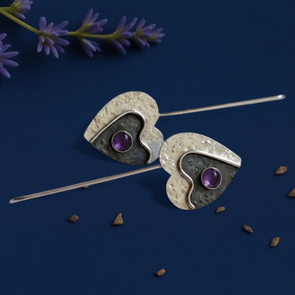 Amethyst heart long sterling silver earrings. February birthstone earrings.
