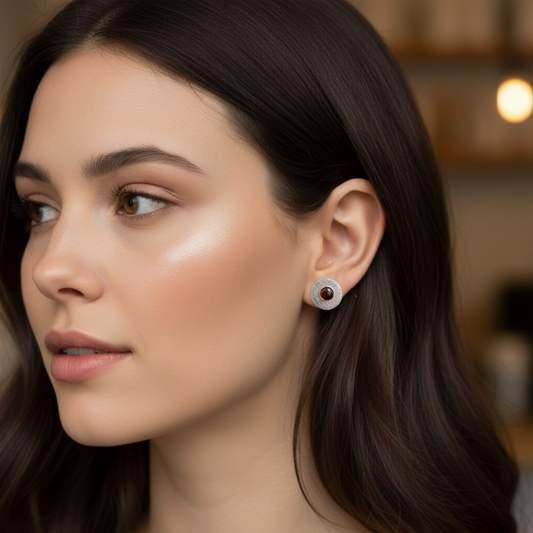 Garnet sterling silver disc stud earrings.