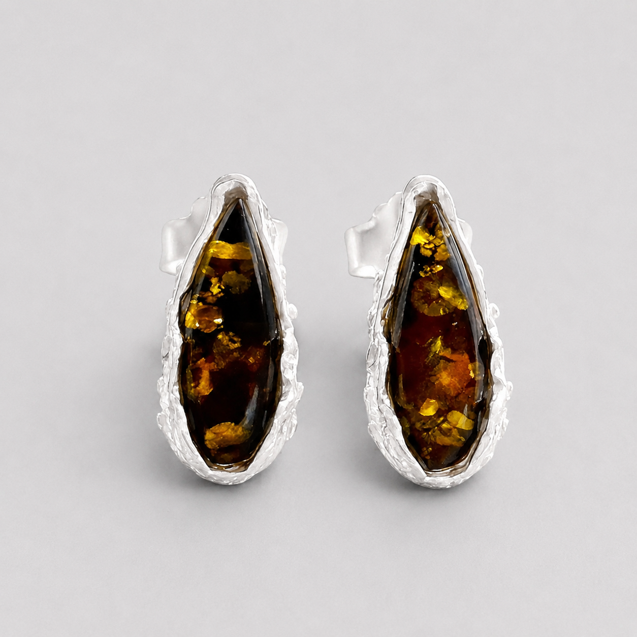 Baltic Green Amber and Sterling Silver Stud Earrings