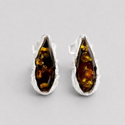 Baltic Green Amber and Sterling Silver Stud Earrings