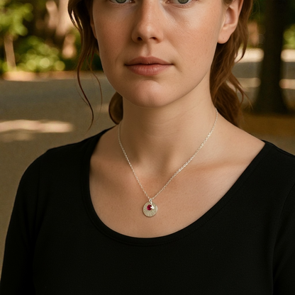 Minimalist Sterling Silver Disc Necklace with Ruby Charm