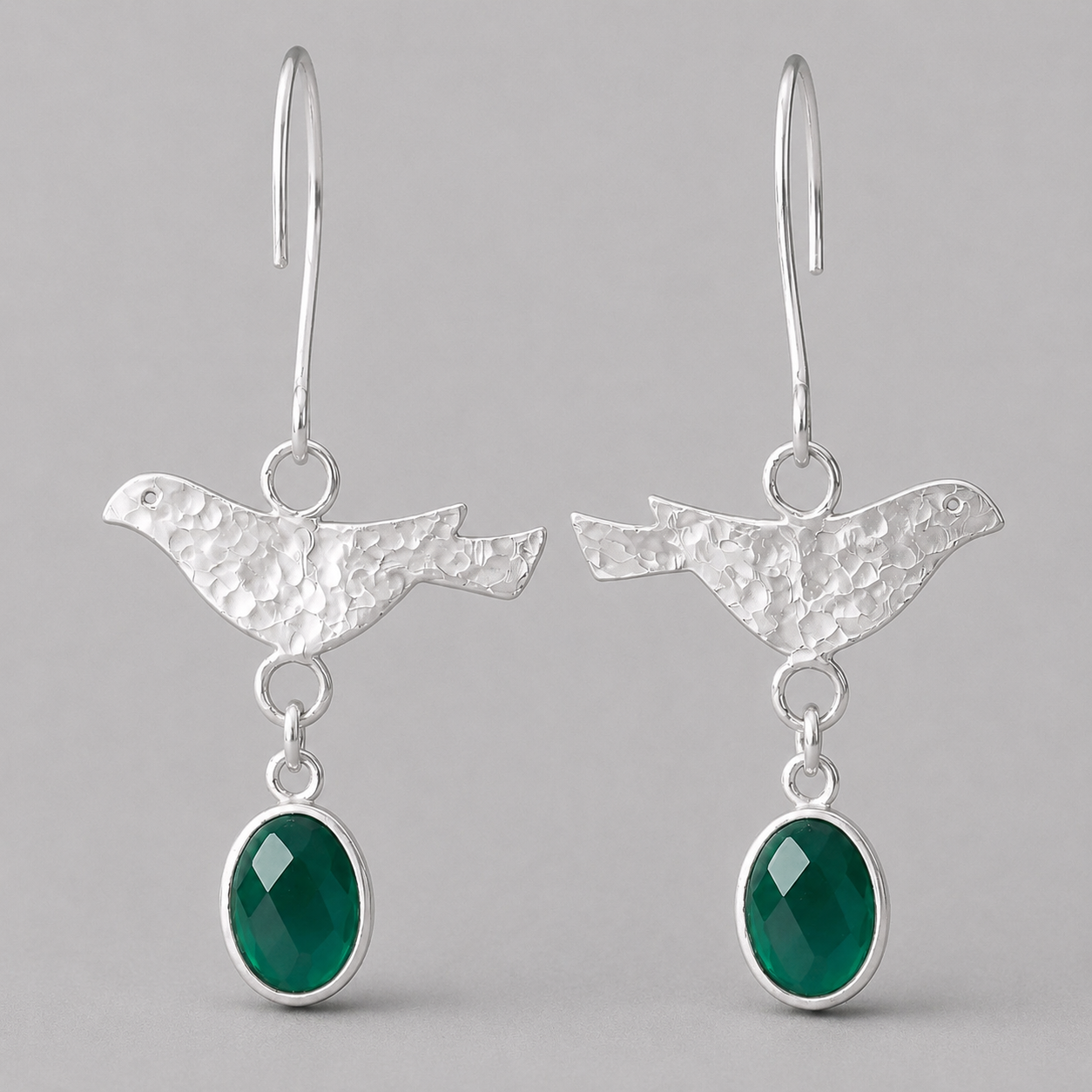 Sterling Silver Green Onyx Bird Dangle Earrings