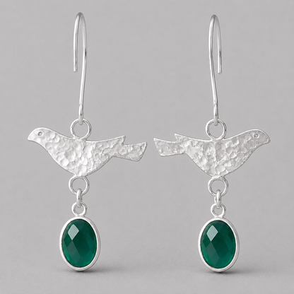 Sterling Silver Green Onyx Bird Dangle Earrings