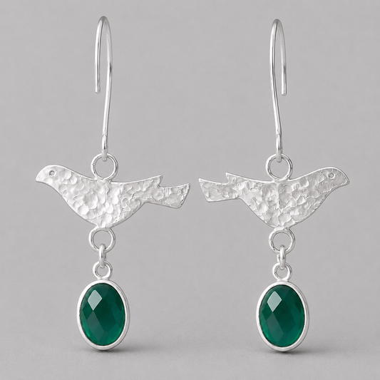 Sterling Silver Green Onyx Bird Dangle Earrings