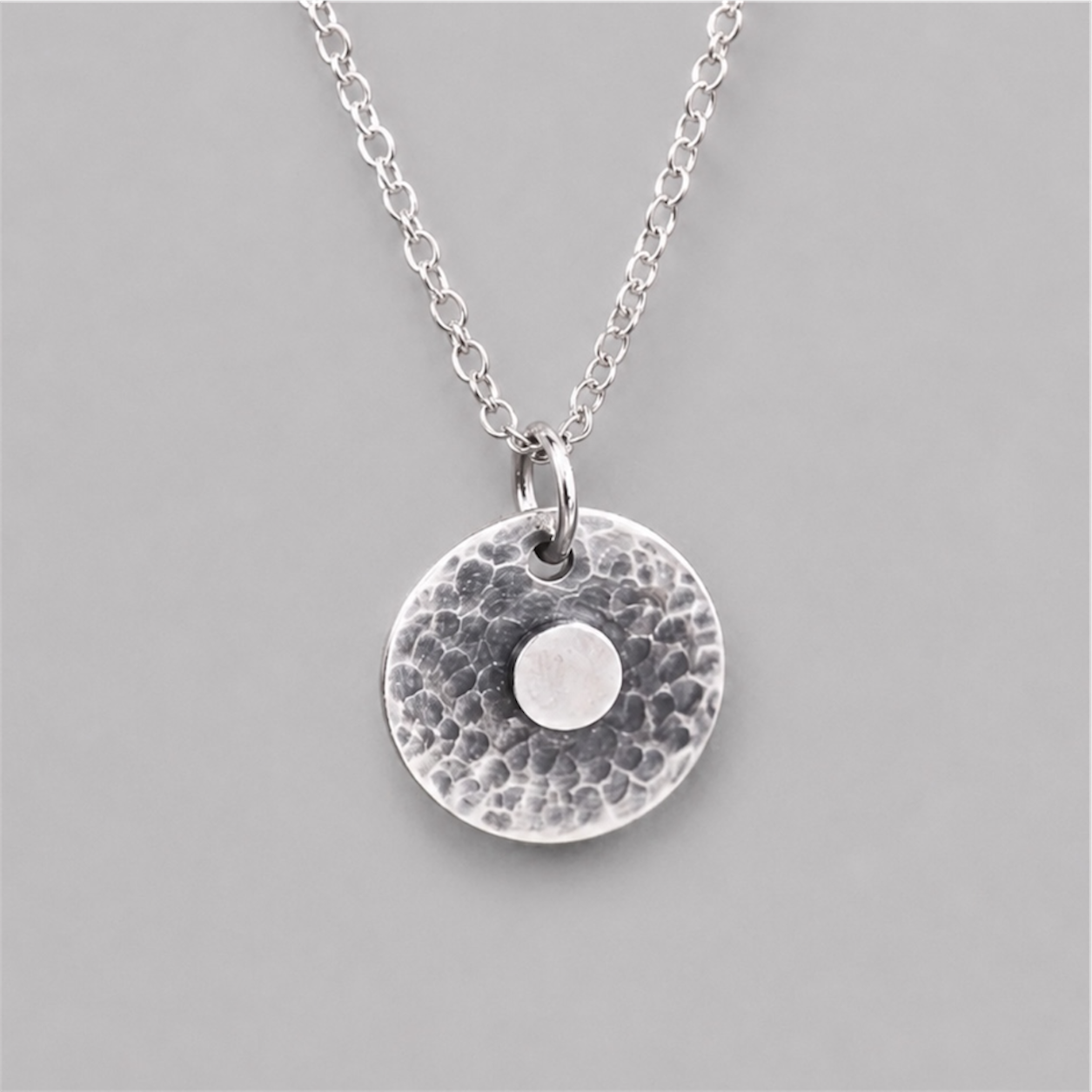 Handmade Sterling Silver Hammered Disc Necklace Textured and Oxidised Design