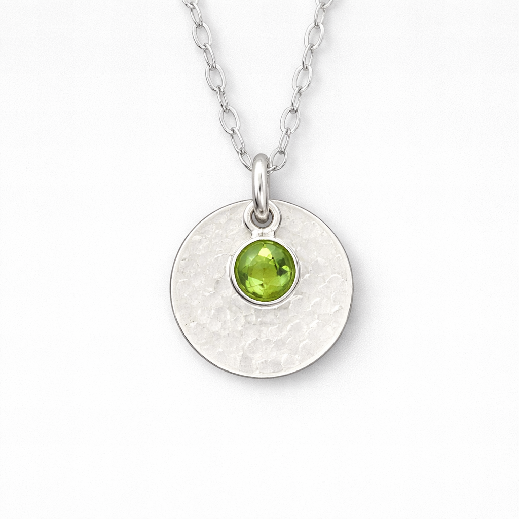 Minimalist Sterling Silver Disc Necklace with Green Peridot Charm