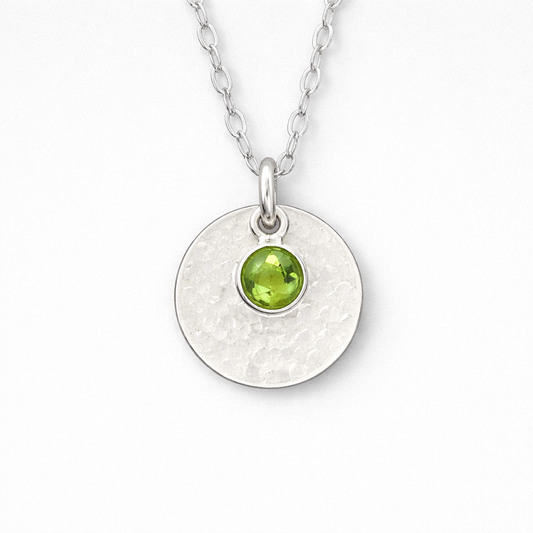 Minimalist Sterling Silver Disc Necklace with Green Peridot Charm