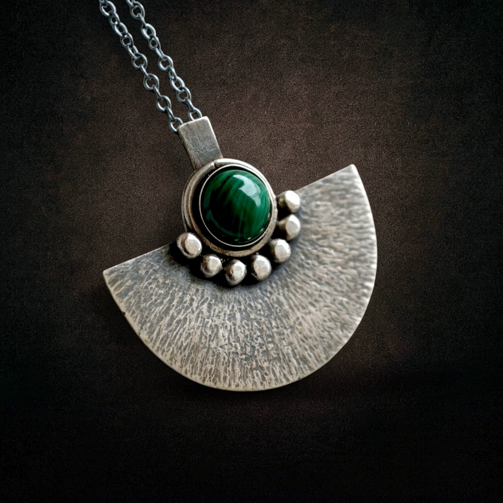 Green malachite sterling silver oxidised fan necklace.