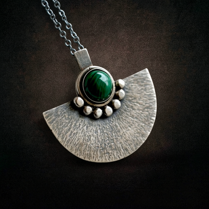Green malachite sterling silver oxidised fan necklace.