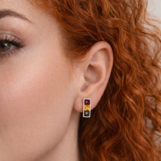 Sterling Silver Stud Earrings with a Trio of Amber Stones