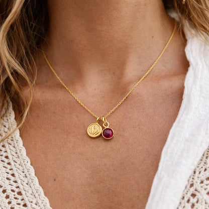 Ruby, lotus charm 24k gold vermeil necklace