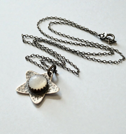 Mother of Pearl, star oxidised sterling silver necklace.
