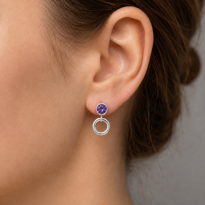 Amethyst sterling silver stud earrings. February Birthstone. Circle studs.