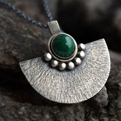 Green malachite sterling silver oxidised fan necklace.