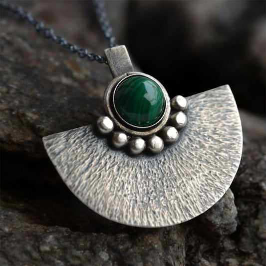 Green malachite sterling silver oxidised fan necklace.