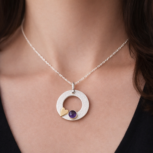 Sterling Silver Amethyst Circle Necklace with Gold Filled Heart – February Birthstone