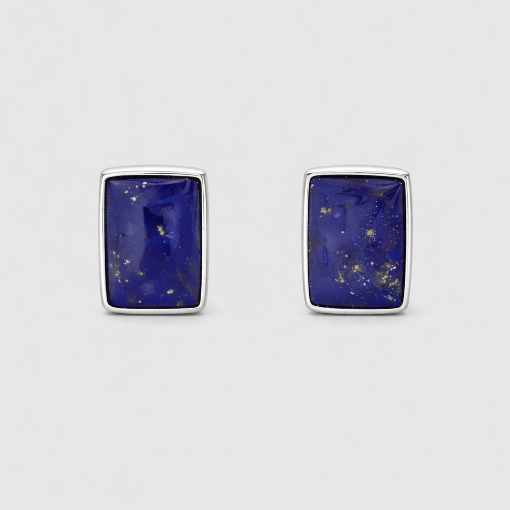 Lapis Lazuli Stud Earrings in 925 Sterling Silver – Rectangular Natural Blue Gemstone Studs