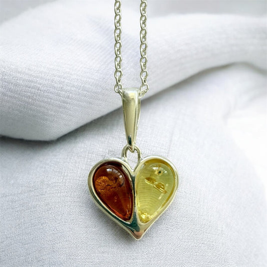 Sterling Silver Baltic Amber Heart Necklace – Yellow & Brown Amber Duo