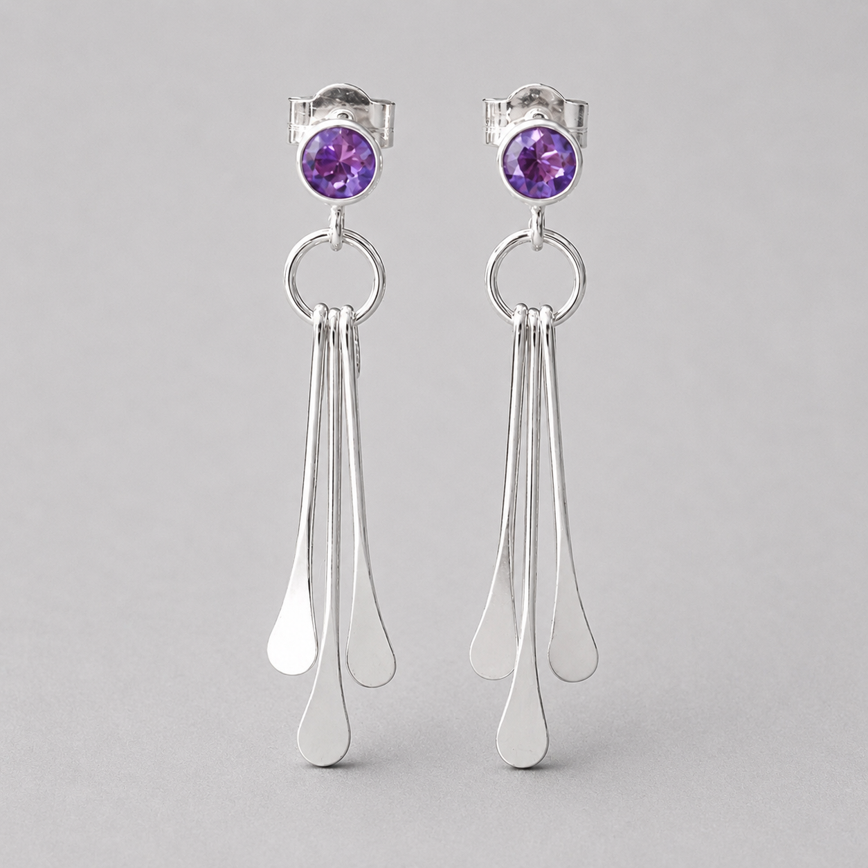 Amethyst sterling silver dangle stud earrings. February birthstone earrings.
