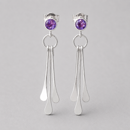 Amethyst sterling silver dangle stud earrings. February birthstone earrings.