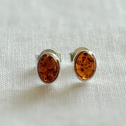 Sterling Silver Baltic Amber Oval Stud Earrings
