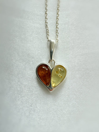 Sterling Silver Baltic Amber Heart Necklace – Yellow & Brown Amber Duo