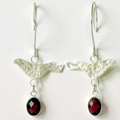 Sterling Silver Bird & Garnet Dangle Earrings
