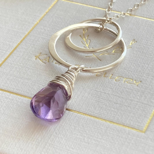 Natural Amethyst Circle Necklace in Sterling Silver and Fine Silver