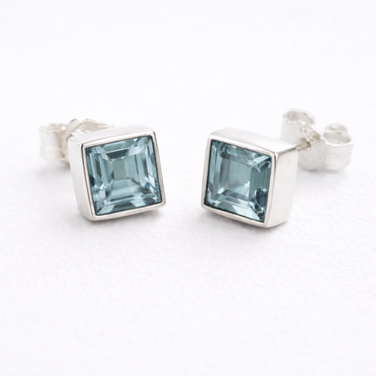 Square Blue Topaz Stud Earrings 6mm – 925 Sterling Silver December Birthstone