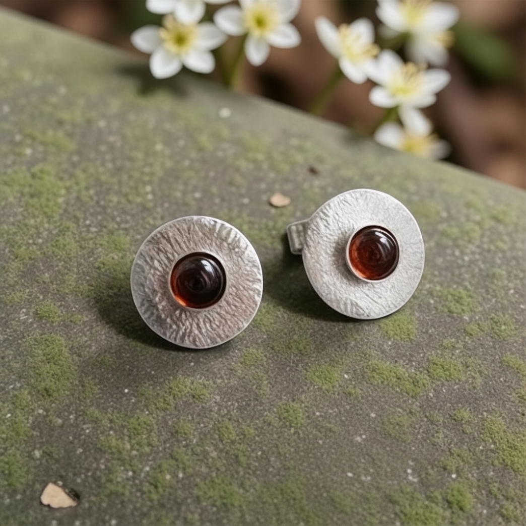 Garnet sterling silver disc stud earrings.